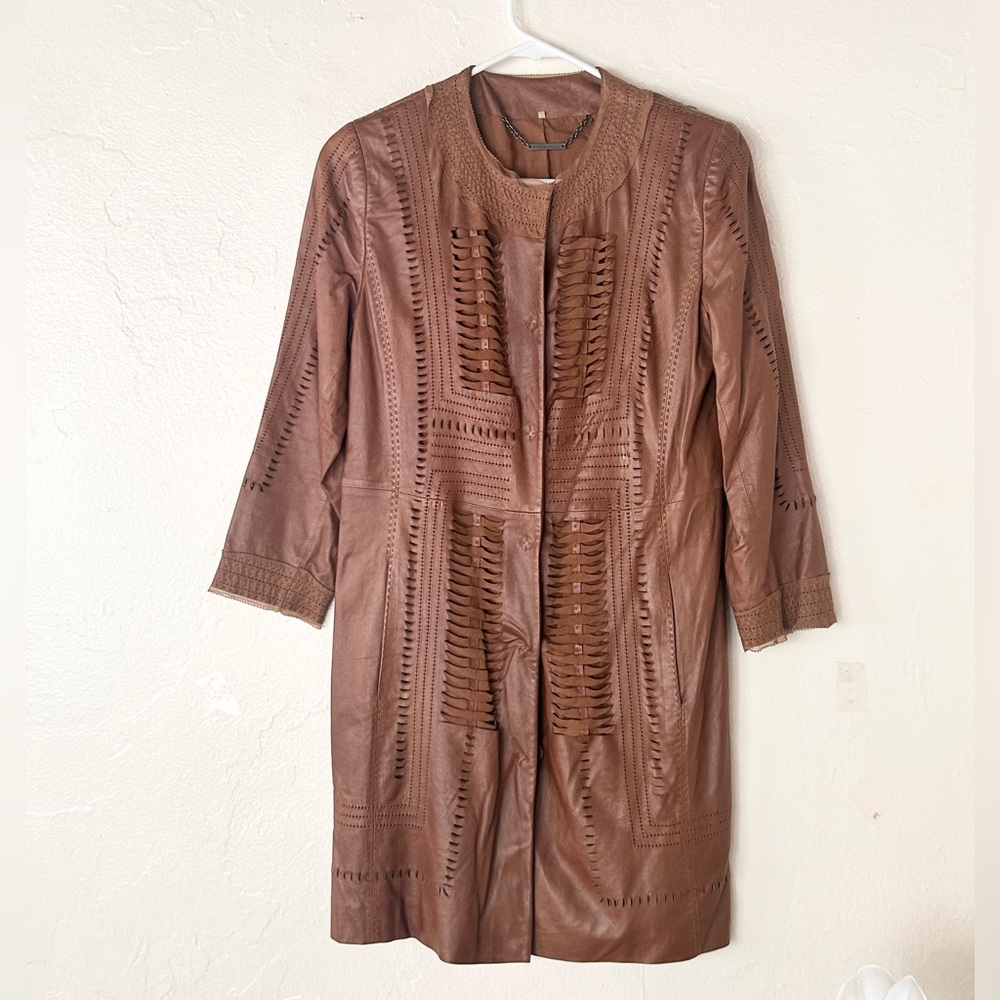 Elie Tahari Brown Long Sleeve Kid Leather Coat